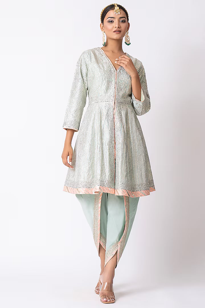 Mint Green Chanderi Gota & Sequins Embroidered Jacket Set