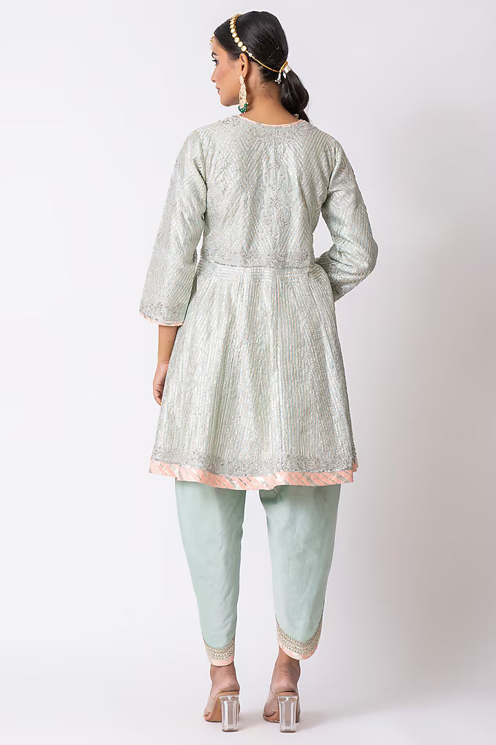 Mint Green Chanderi Gota & Sequins Embroidered Jacket Set