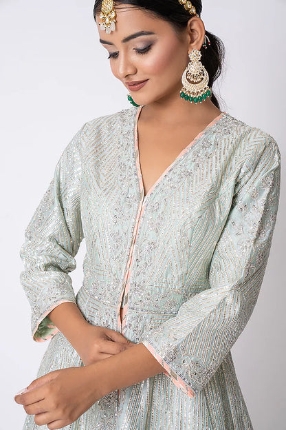 Mint Green Chanderi Gota & Sequins Embroidered Jacket Set