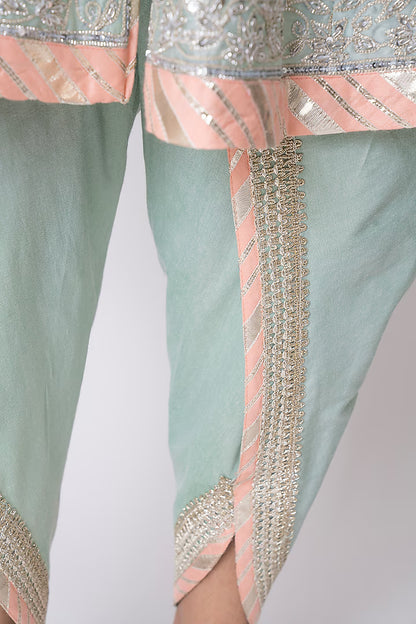 Mint Green Chanderi Gota & Sequins Embroidered Jacket Set