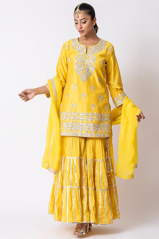 Yellow Chanderi Silk Gota Embroidered Gharara Set