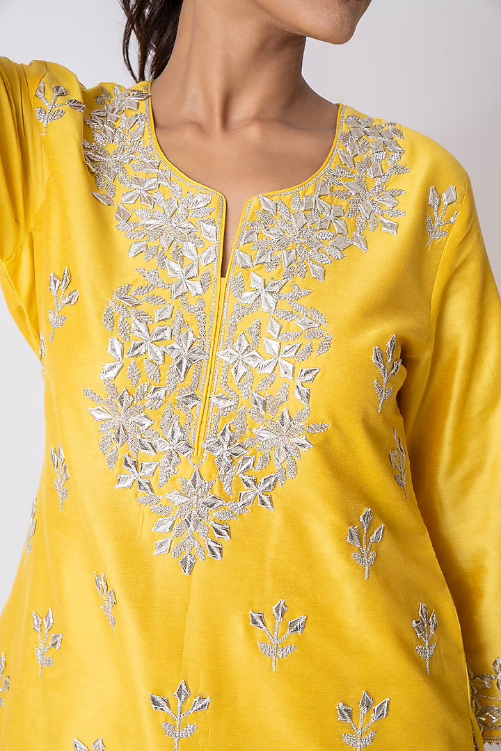 Yellow Chanderi Silk Gota Embroidered Gharara Set