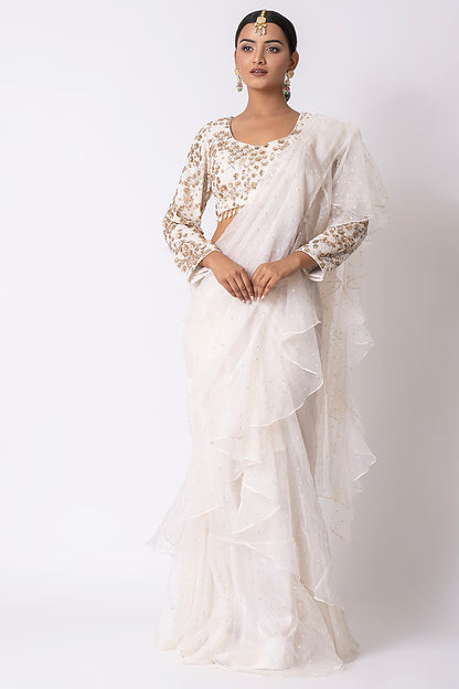 Off-White Organza Draped Saree Set