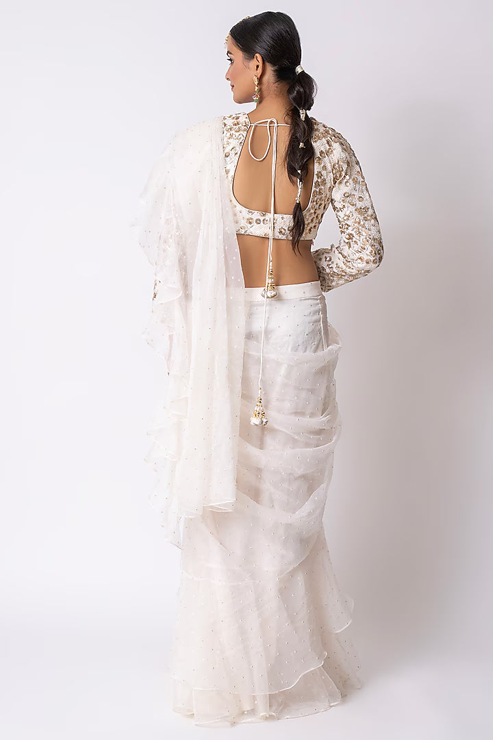 Off-White Organza Draped Saree Set
