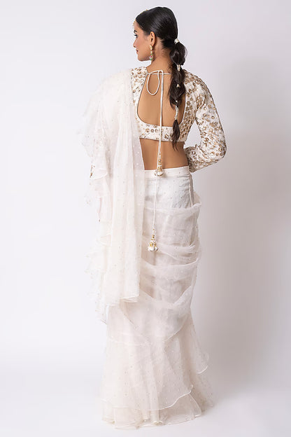 Off-White Organza Draped Saree Set