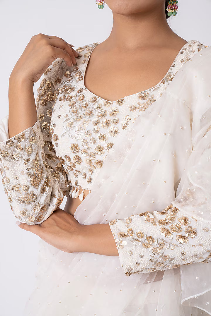 Off-White Organza Draped Saree Set