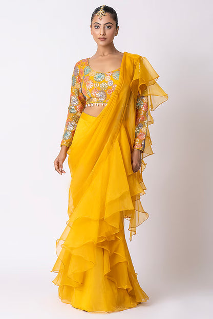 Mustard Yellow Organza Draped Saree Set
