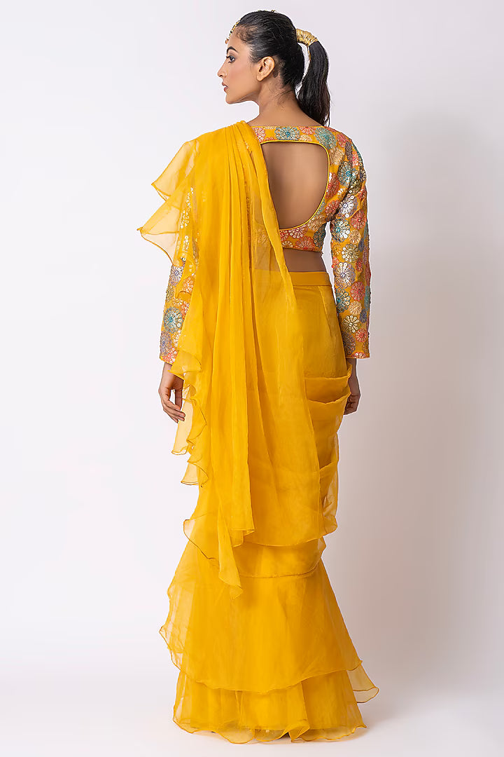 Mustard Yellow Organza Draped Saree Set