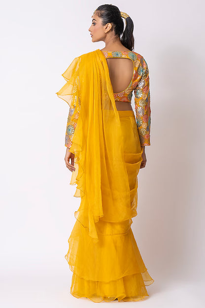 Mustard Yellow Organza Draped Saree Set