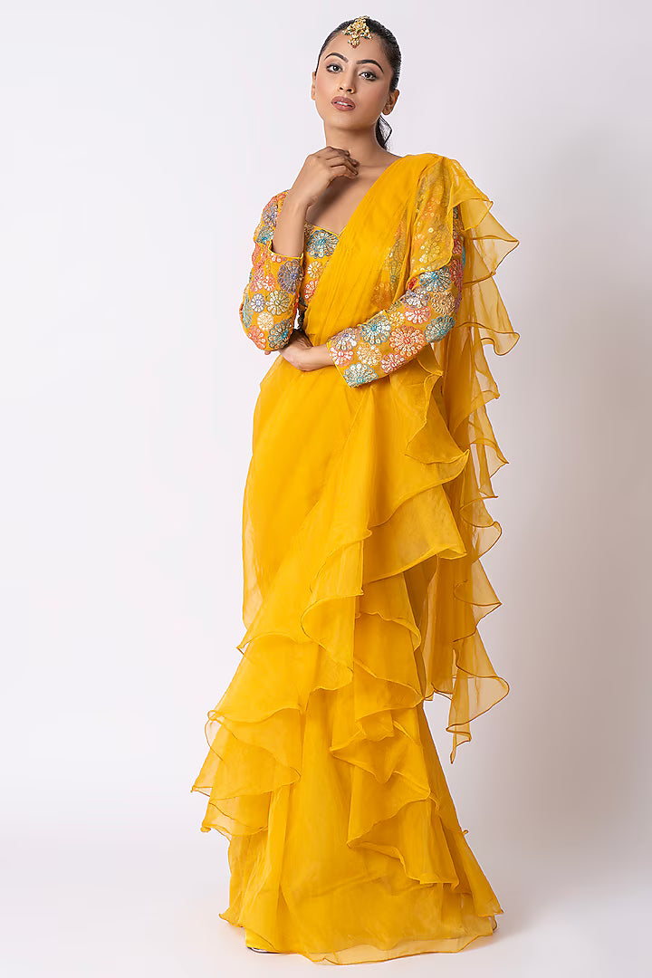 Mustard Yellow Organza Draped Saree Set