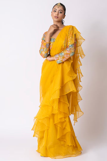 Mustard Yellow Organza Draped Saree Set