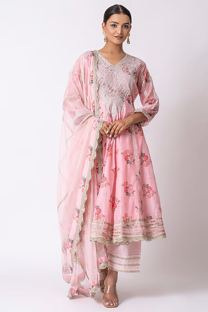 Pink Silk Chanderi hand Block Printed Anarkali Set