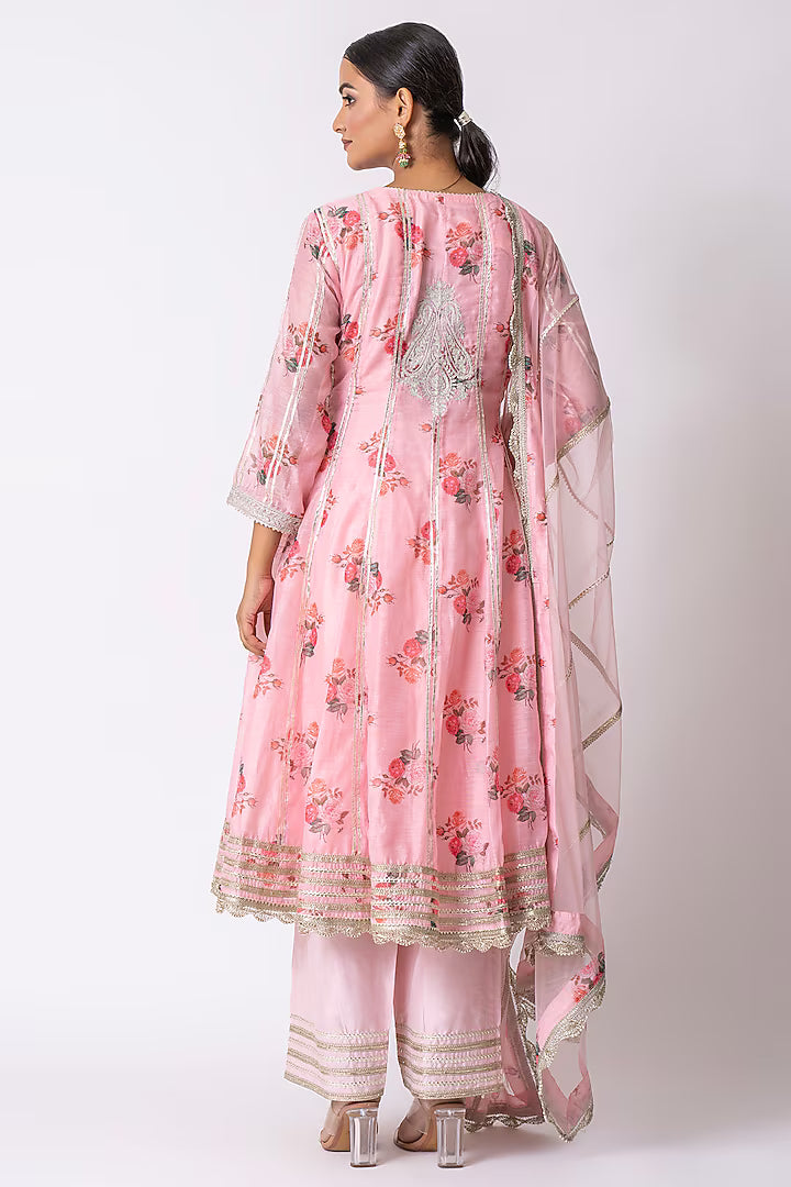 Pink Silk Chanderi hand Block Printed Anarkali Set