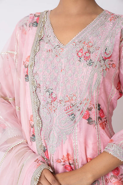 Pink Silk Chanderi hand Block Printed Anarkali Set