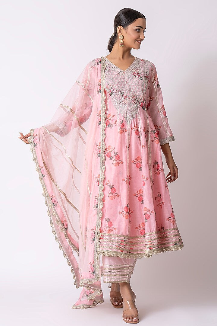 Pink Silk Chanderi hand Block Printed Anarkali Set