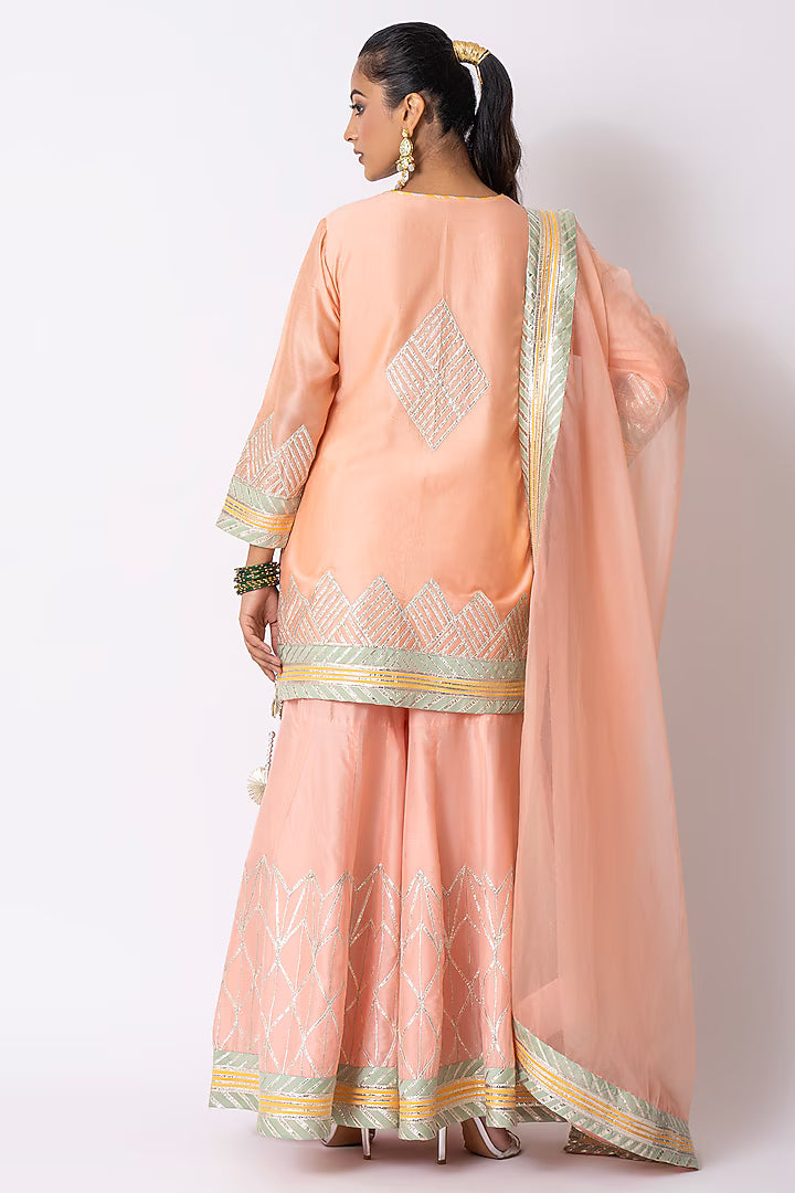 Peach Katan Silk Gota Embroidered Gharara Set