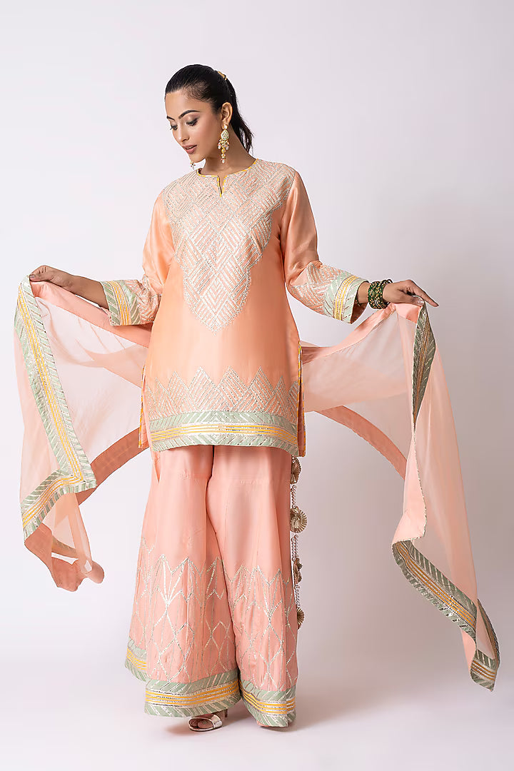 Peach Katan Silk Gota Embroidered Gharara Set