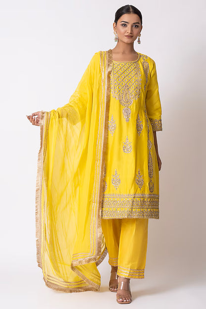 Yellow Chanderi Silk Pearl & Sequins Embroidered Kurta Set
