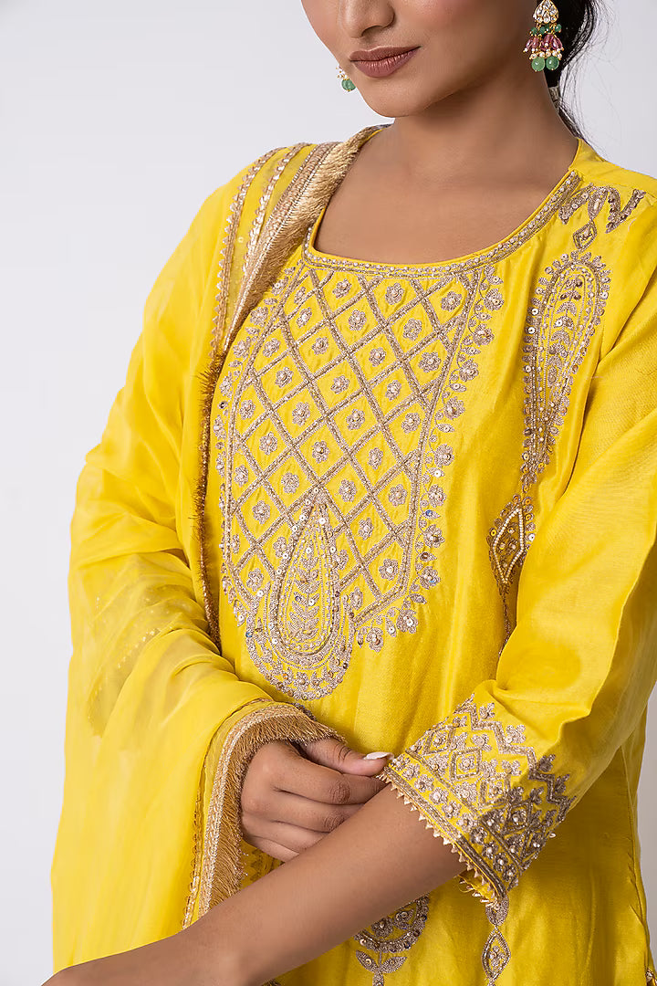 Yellow Chanderi Silk Pearl & Sequins Embroidered Kurta Set