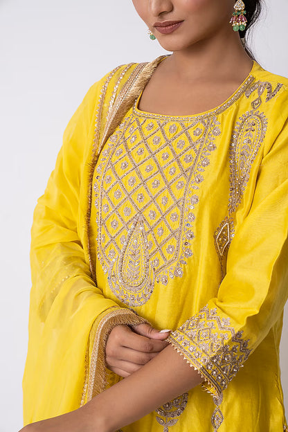 Yellow Chanderi Silk Pearl & Sequins Embroidered Kurta Set