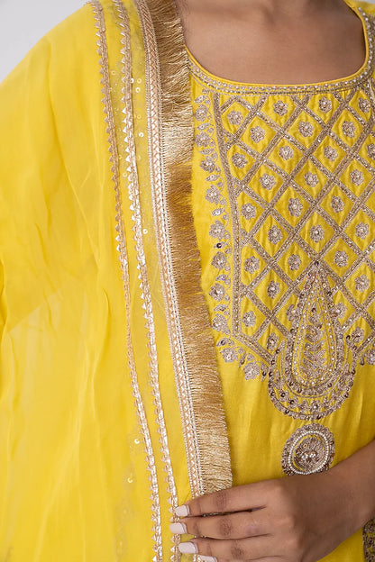 Yellow Chanderi Silk Pearl & Sequins Embroidered Kurta Set