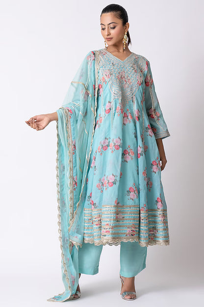 Firozi Blue Silk Chanderi Hand Block Printed Anarkali Set