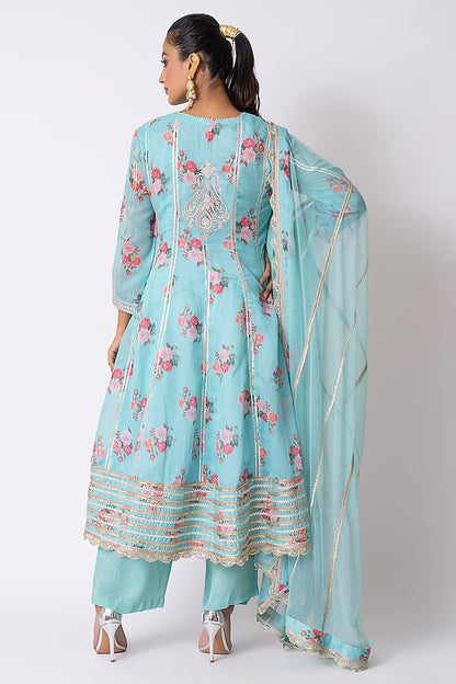 Firozi Blue Silk Chanderi Hand Block Printed Anarkali Set