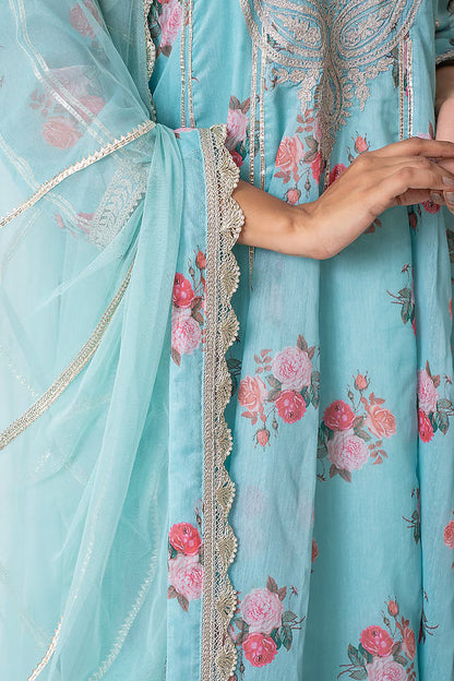 Firozi Blue Silk Chanderi Hand Block Printed Anarkali Set