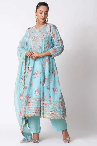 Firozi Blue Silk Chanderi Hand Block Printed Anarkali Set