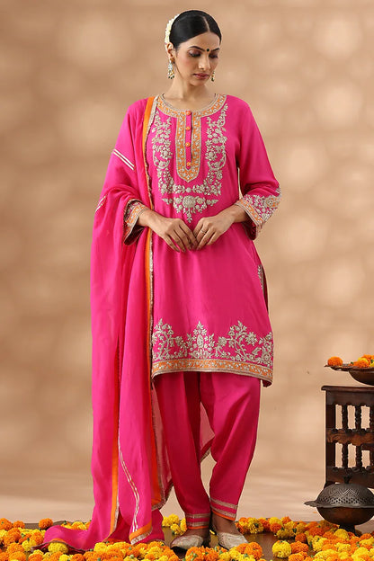 Hot Pink Banarasi Chanderi Kasab Embroidered Short Kurta Set