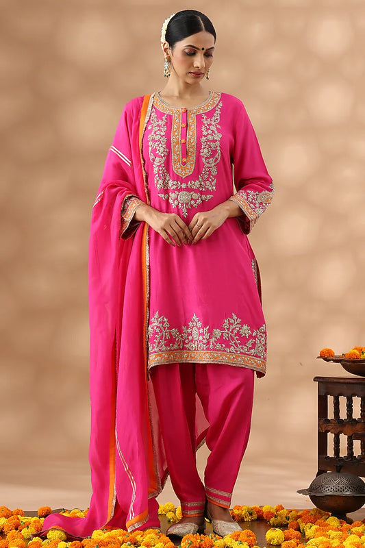 Hot Pink Banarasi Chanderi Kasab Embroidered Short Kurta Set