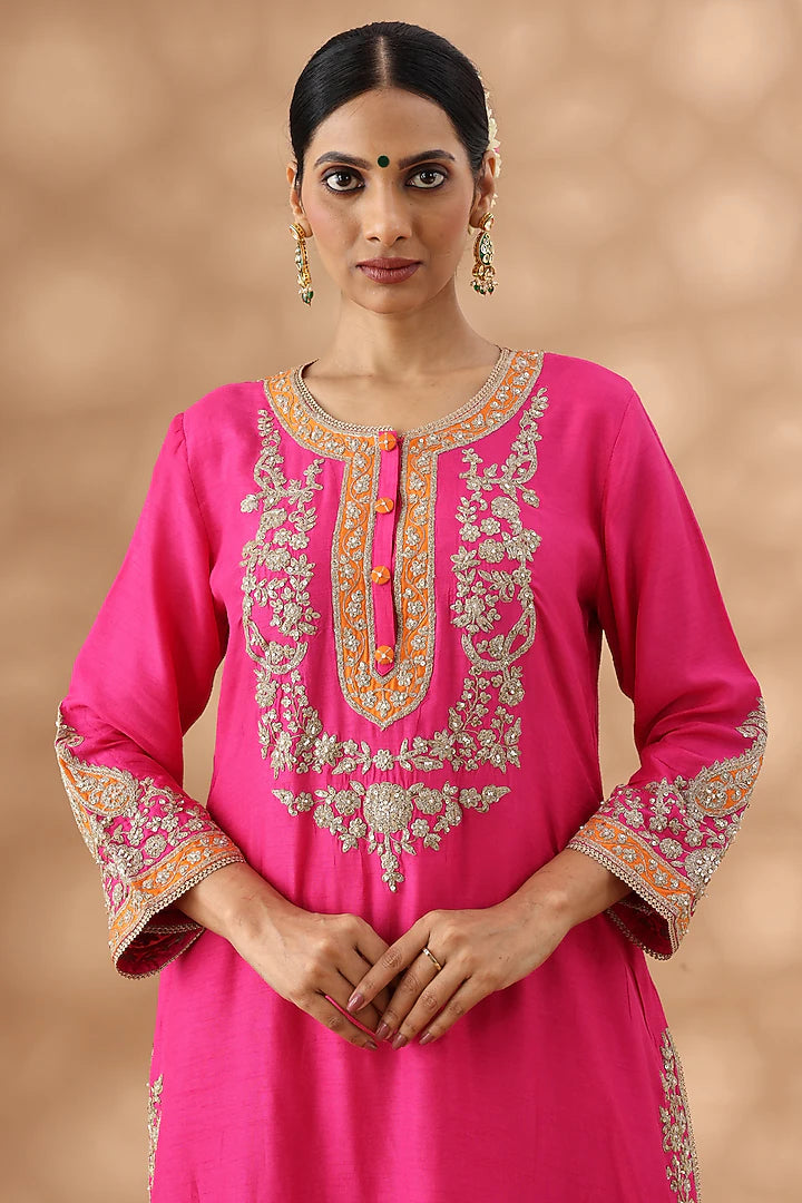 Hot Pink Banarasi Chanderi Kasab Embroidered Short Kurta Set
