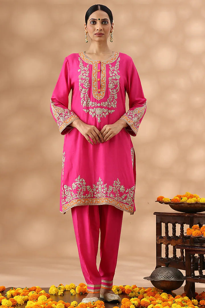 Hot Pink Banarasi Chanderi Kasab Embroidered Short Kurta Set