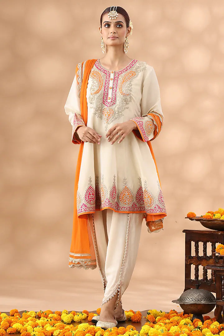 Beige Shimmer Silk Kasab Embroidered Short Anarkali Set