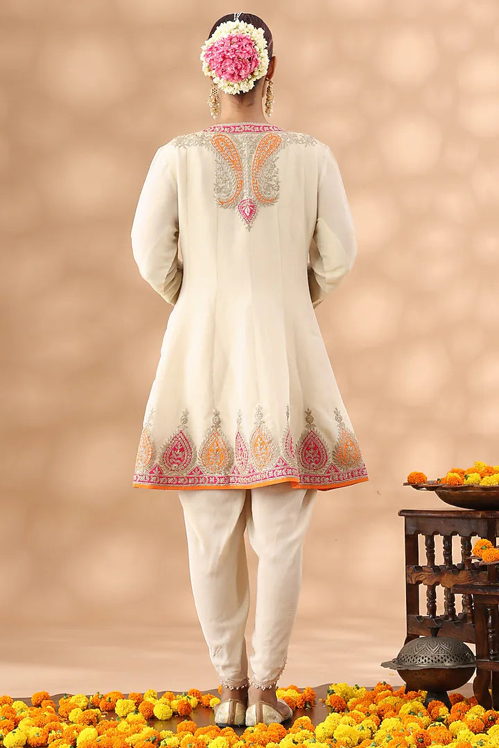 Beige Shimmer Silk Kasab Embroidered Short Anarkali Set