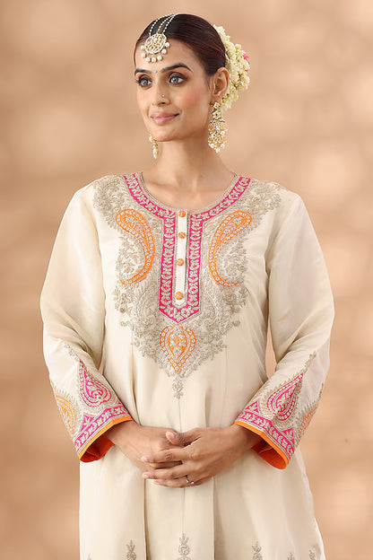 Beige Shimmer Silk Kasab Embroidered Short Anarkali Set