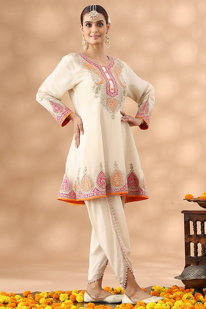 Beige Shimmer Silk Kasab Embroidered Short Anarkali Set