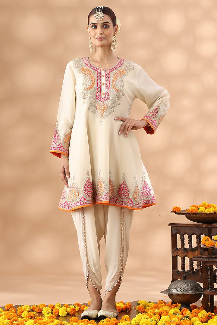 Beige Shimmer Silk Kasab Embroidered Short Anarkali Set
