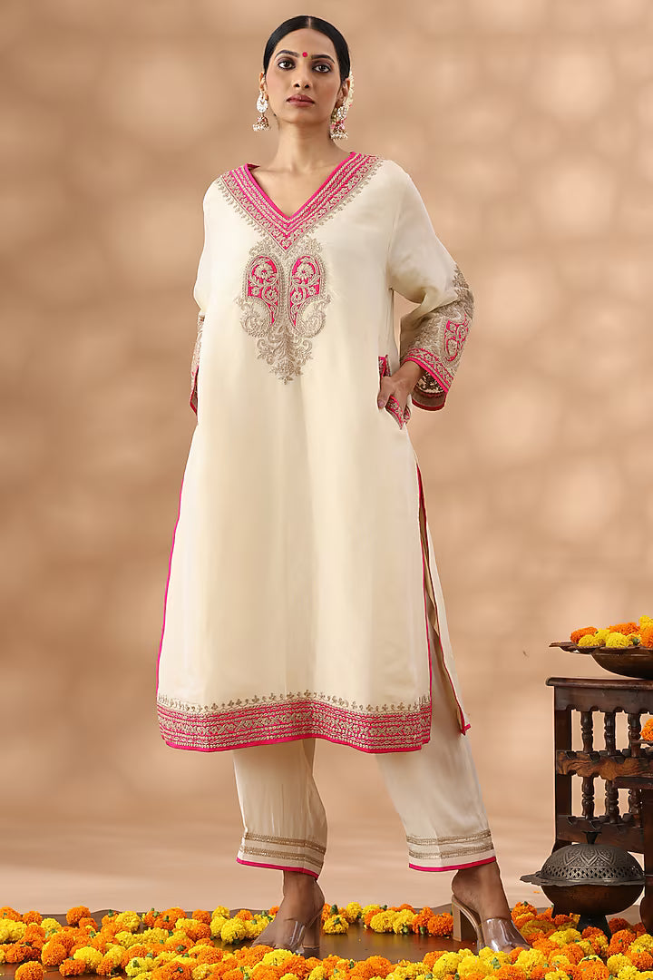 Beige Shimmer Silk Kasab Embroidered Kurta Set