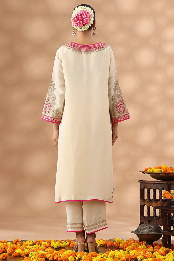 Beige Shimmer Silk Kasab Embroidered Kurta Set