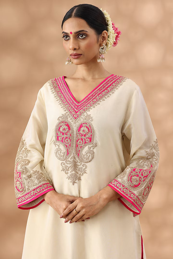Beige Shimmer Silk Kasab Embroidered Kurta Set