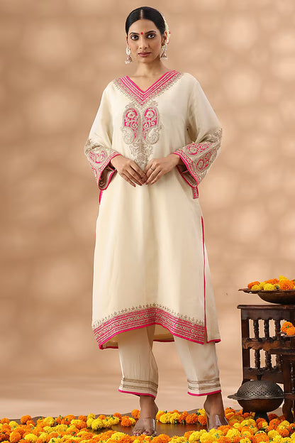 Beige Shimmer Silk Kasab Embroidered Kurta Set