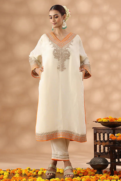 Beige Shimmer Silk Kasab Embroidered Kurta Set