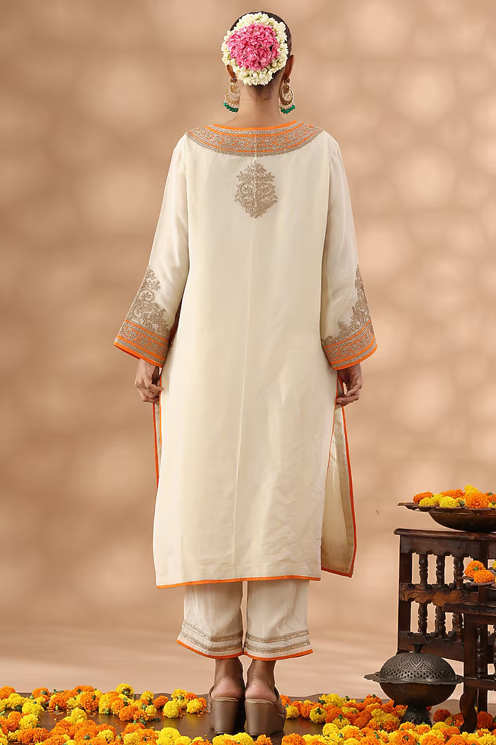 Beige Shimmer Silk Kasab Embroidered Kurta Set