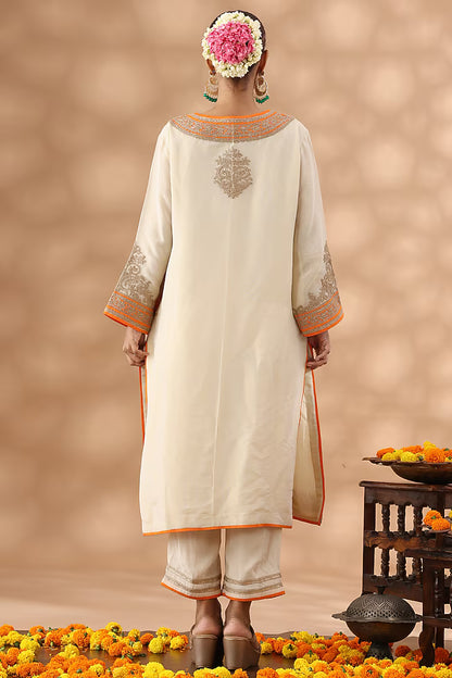 Beige Shimmer Silk Kasab Embroidered Kurta Set