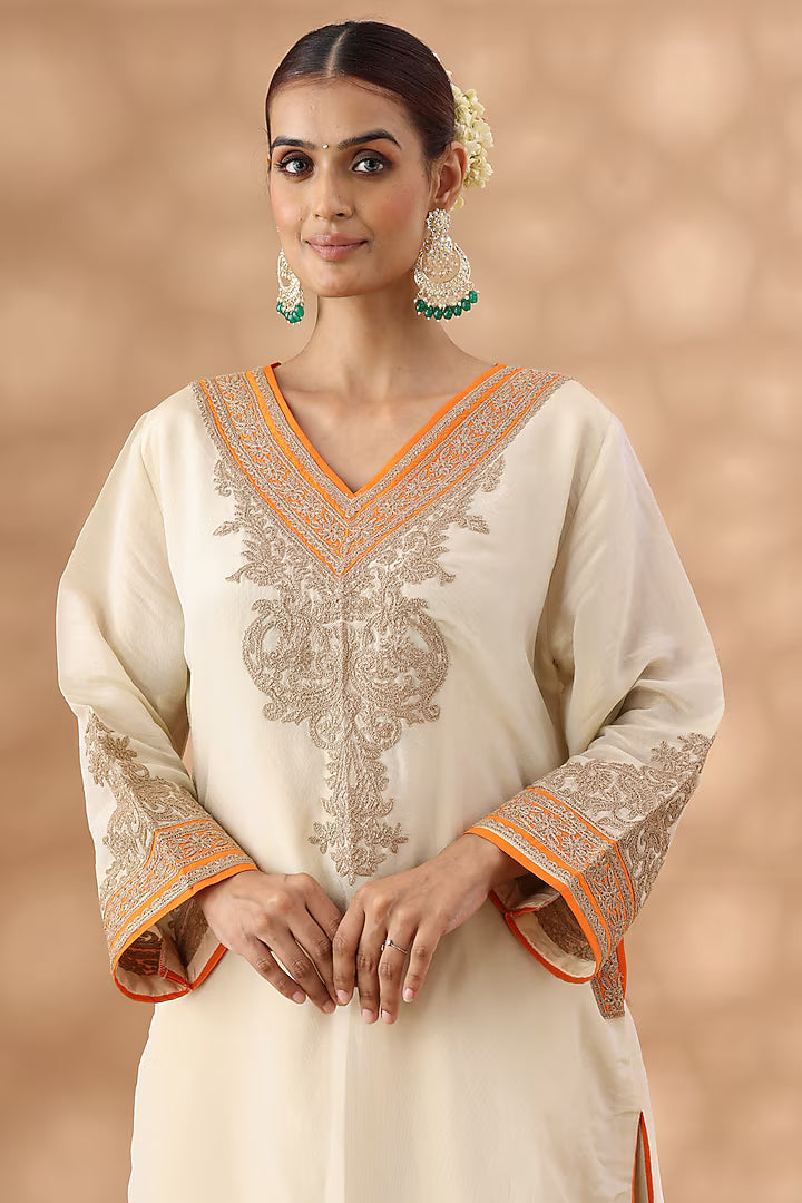 Beige Shimmer Silk Kasab Embroidered Kurta Set