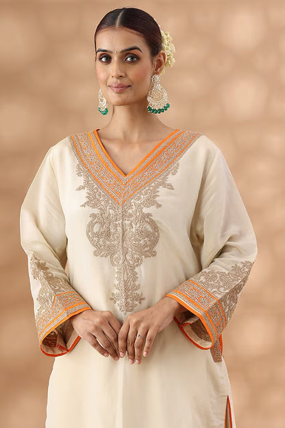Beige Shimmer Silk Kasab Embroidered Kurta Set