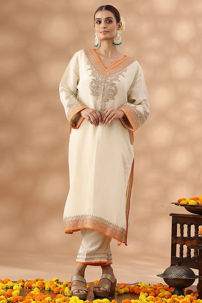 Beige Shimmer Silk Kasab Embroidered Kurta Set
