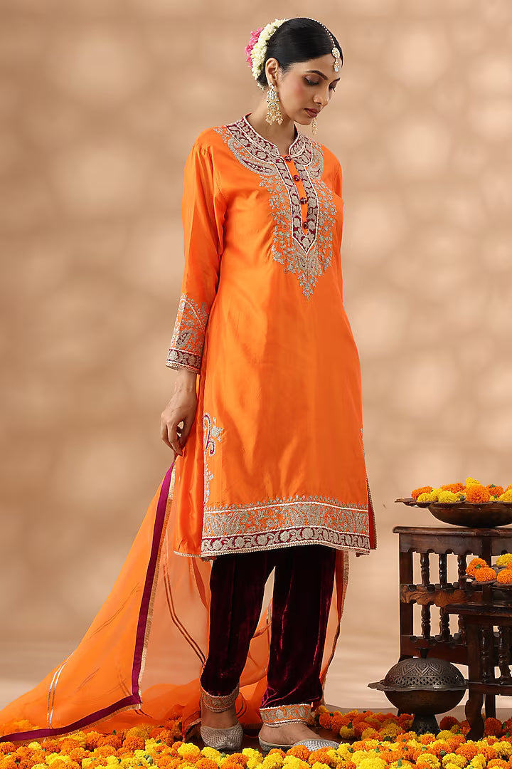 Orange Silk Kasab Embroidered Kurta Set