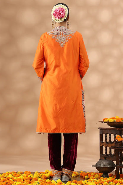 Orange Silk Kasab Embroidered Kurta Set